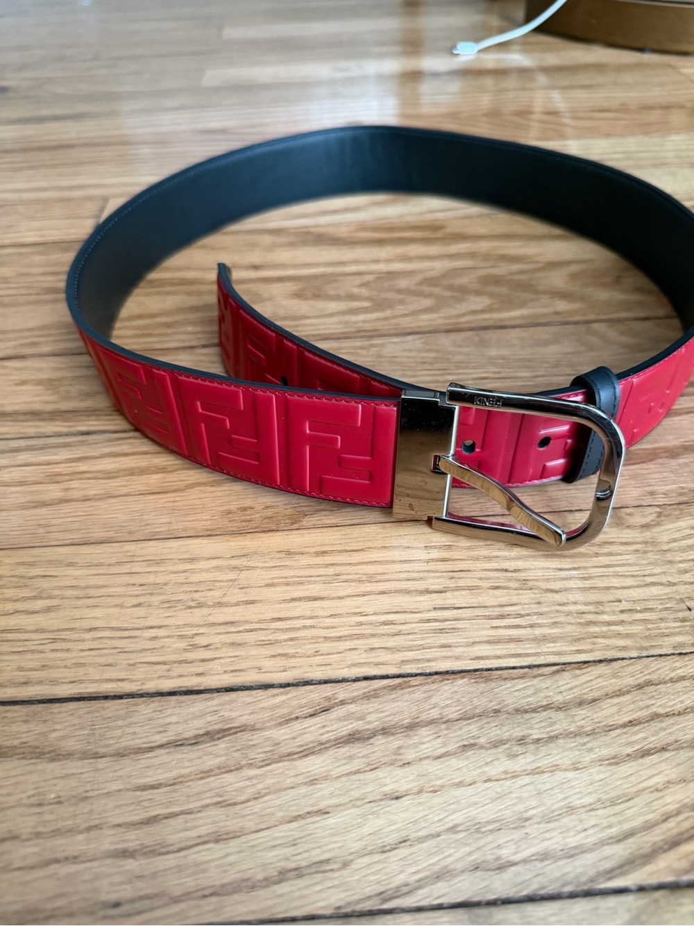 Fendi Men's Embossed Reversible Red Leather Belt with Silver Buckle
